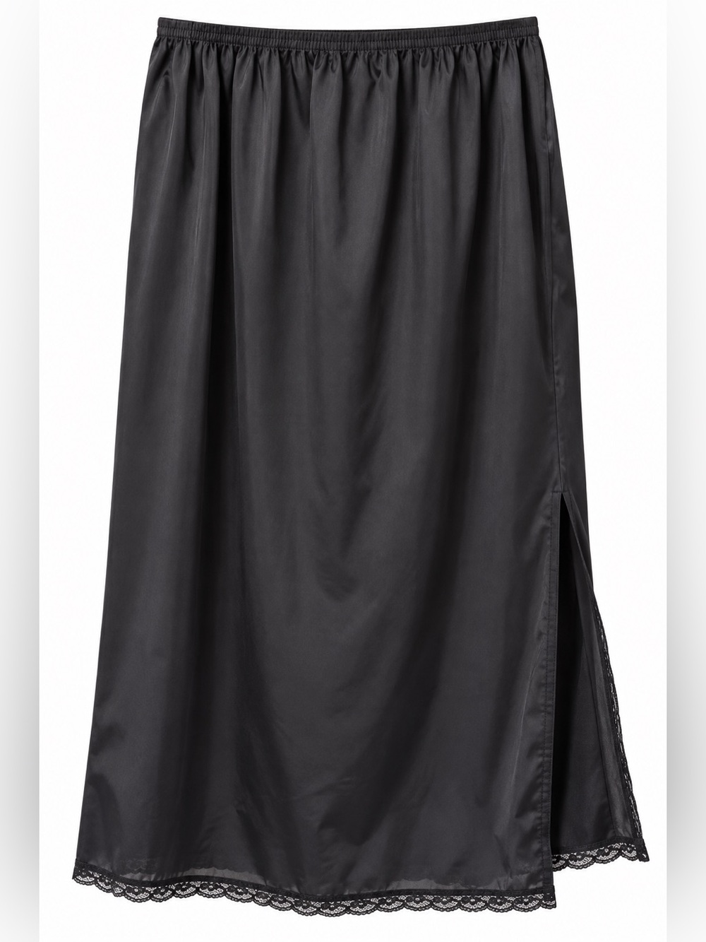 Vintage Vassarette Black 32” Midi Half Slip Skirt XL Lace Hem & Side Slit Trim